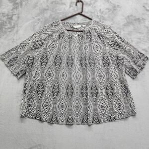 Caffe Marrakesh Top Women 2X Black White Popover Button Neck Short Sleeve Cotton